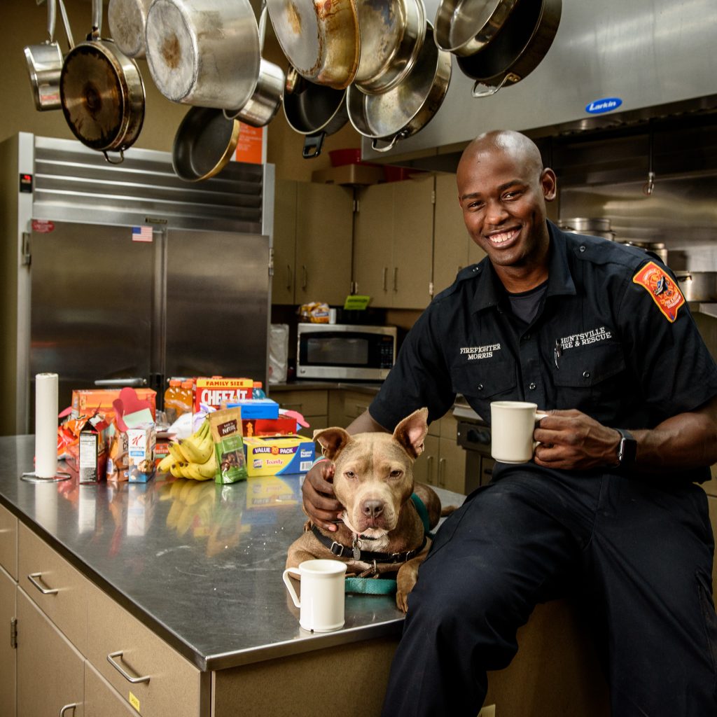 ADOPTED - Kate enjoys a cup of joe with Firefighter DeWayne Morris (just kidding - no dogs consumed coffee for this photoshoot)