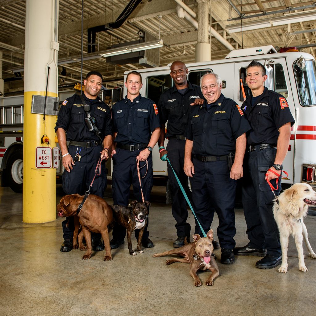The whole crew: (Left to Right) Assistant Fire Marshal Trent Bennett (with Gin Gin), Driver/Engineer Brandon Frazier (with Kia), Firefighter DeWayne Morris with Kate (adopted), Fire Chief Mac McFarlen and Firefighter Jeff Valdez with Mosie (Adopted)