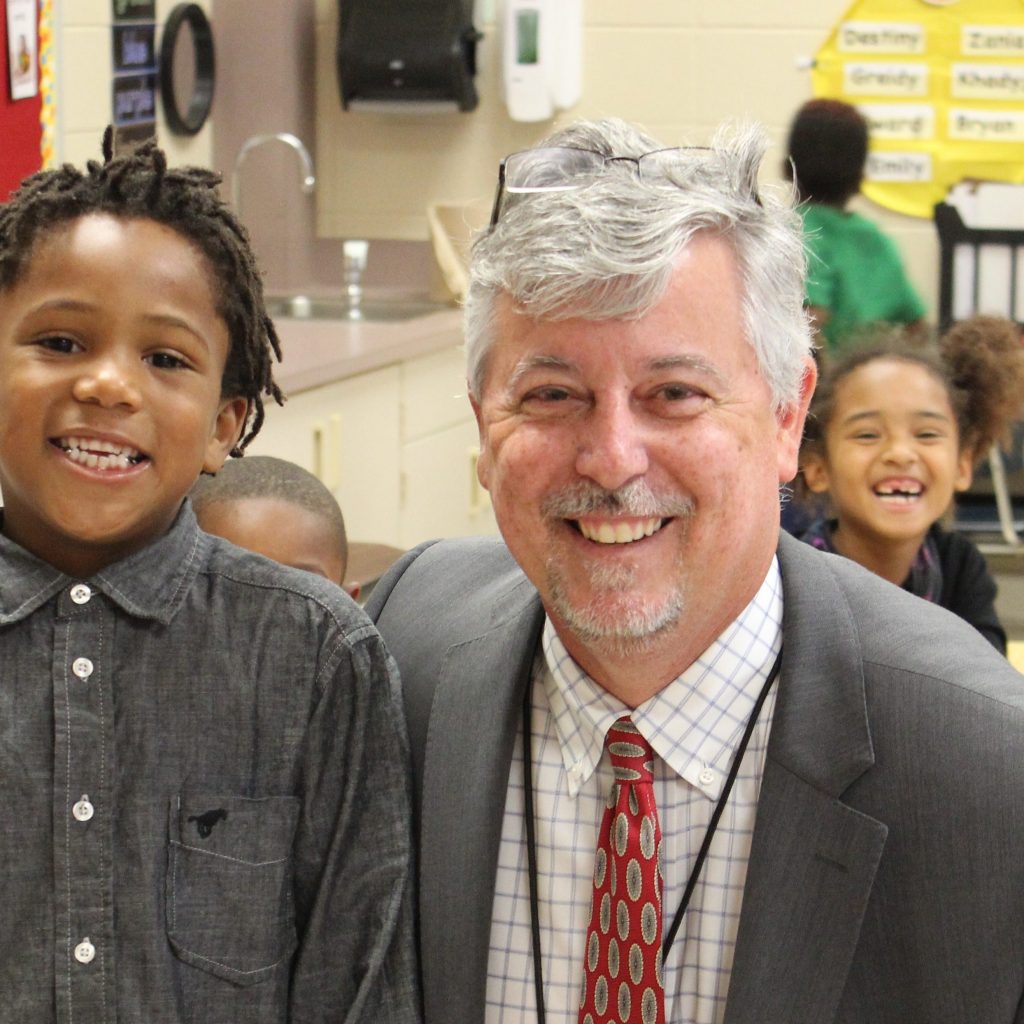 Schools Superintendent Dr. Akin and student at Lakewood Elementary School