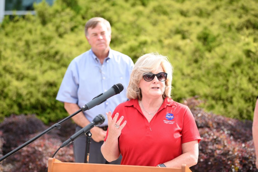 Jody Singer, Director of NASA Marshall Space Flight Center, speaking at the Lunar Rover Walk.