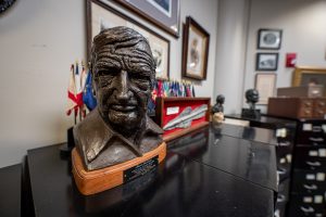 A bust of former Huntsville Mayor Joe Davis sits atop a black filing cabinet in the HMCPL Special Collections Department.