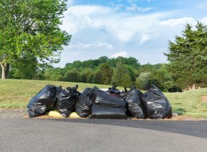 Bags and garbage are seen on the side of the road next to a grassy field with trees in the background.