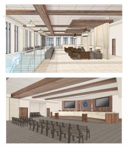 Renderings of the inside of the new City Hall show the council chambers and open areas.