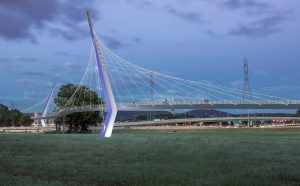 A photo rendering of a suspended bridge crossing over Memorial Parkway in Huntsville.