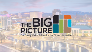 BIG Picture logo on faded aerial of downtown Huntsville