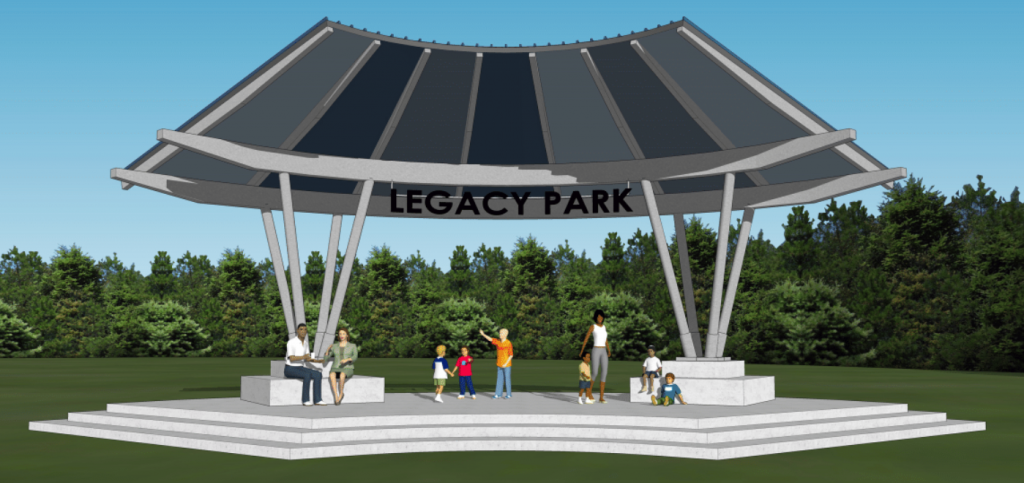 A rendering of the new Johnson Legacy Park, which shows people underneath a covered area. There are trees in the background.