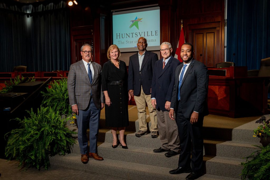 Members of the Huntsville City Council (L to R): David Little, Jennie Robinson, John Meredith, Bill Kling and Devyn Keith