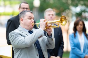 Matt Leder plays his trumpet at the 2023 Jazz in the Park - Huntsville announcement.