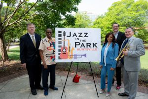 Mayor Tommy Battle, ODEI Director Kenny Anderson, Dr. Matt Leder, Music Officer Matt Mandrella and Cynthia Joiner pose for a photo at the 2023 Jazz in the Park announcement.