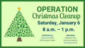 A green graphic for Operation Christmas Cleanup on Saturday, January 6, from 8 a.m. to 1 p.m.