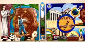 A series of oil paintings depicting the history of Huntsville from the early 19th century through the space age.