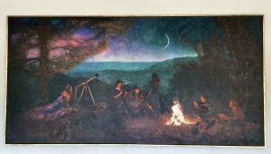 An oil painting of young campers around a camp fire under a night sky.