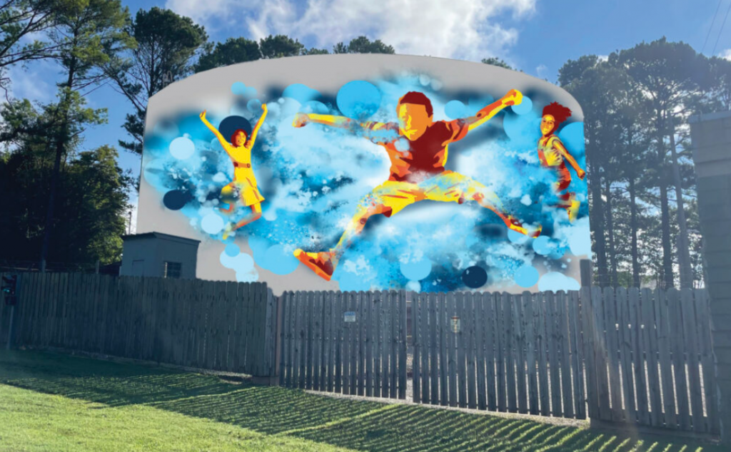 A concept of a finishing painting on a water tower in North Huntsville. There is a blue background and children playing.