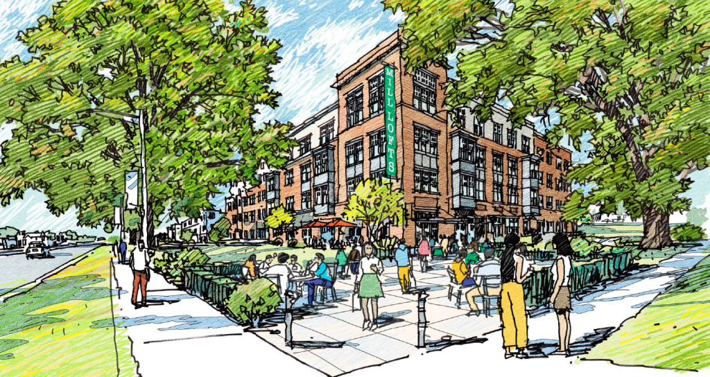 A rendering showing a new apartment building along Governors Drive in Huntsville and families sitting at open areas outside the building. Trees are also visible.