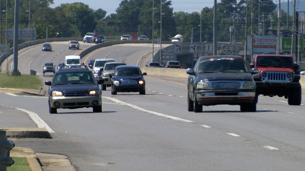 Vehicles are seen on North Memorial Parkway in Huntsville.