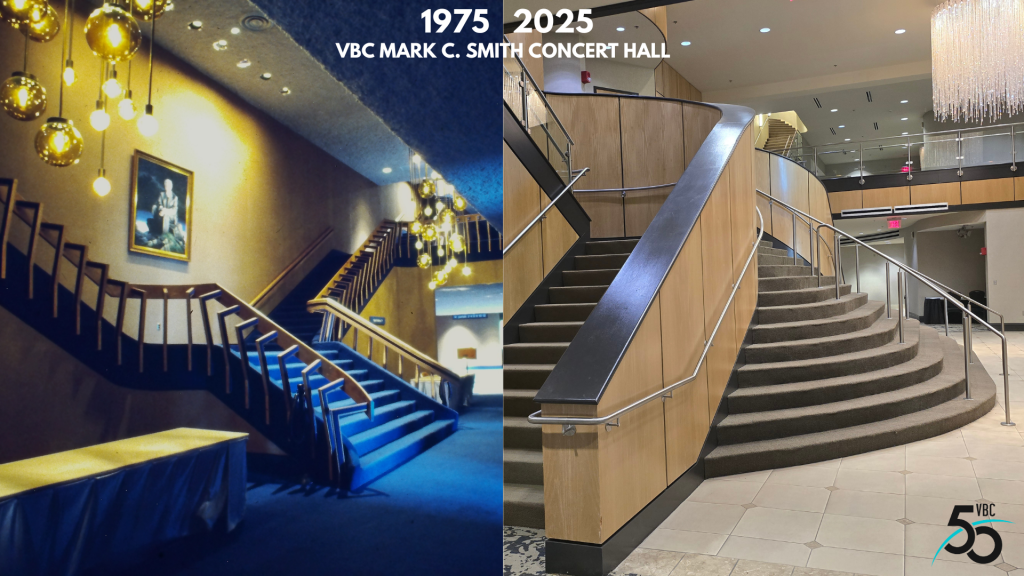 side by side photos showing improvements of staircase entrance into concert hall