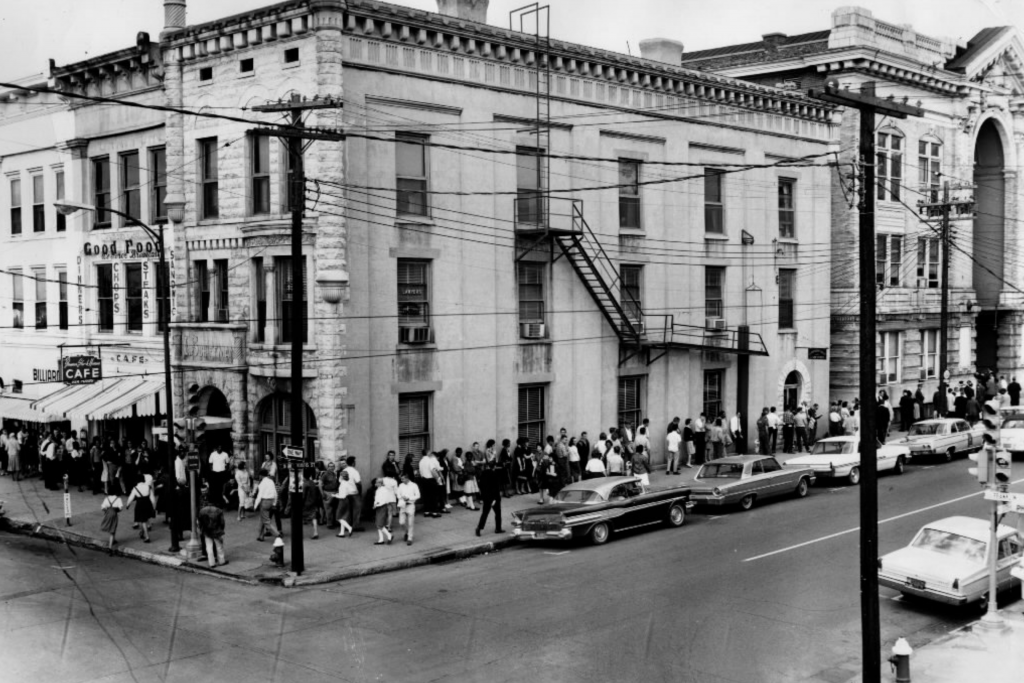 Photo of historic Elks Theater and the Isaac Schiffman building in downtown Huntsville