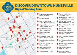 Graphic depicting the 22 stops on Historic Preservation's Digital Downtown Walking Tour with red location markers