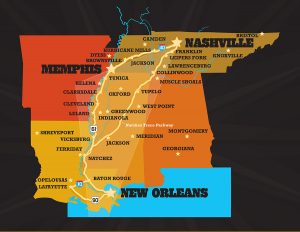 Map of the destinations along the "Gold Record Road" of the Americana Music Triangle in a map of the southeastern United States